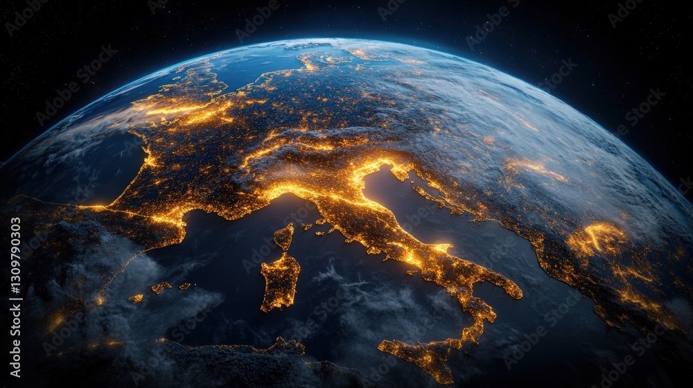 Fototapeta premium The earth at night showcasing twinkling city lights and natural landforms against a deep blue black sky