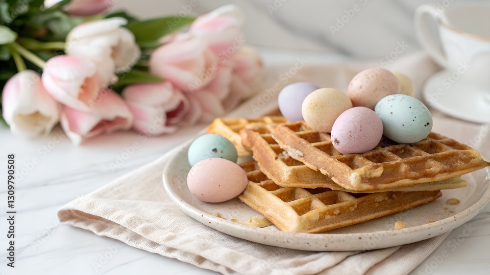 A delicate spring setting with waffles, pastel Easter eggs, and vibrant tulips, creating a bright and festive Easter brunch experience. A delicate spring setting with waffles, pastel Easter eggs, and vibrant tulips, creating a bright and festive Easter brunch experience.