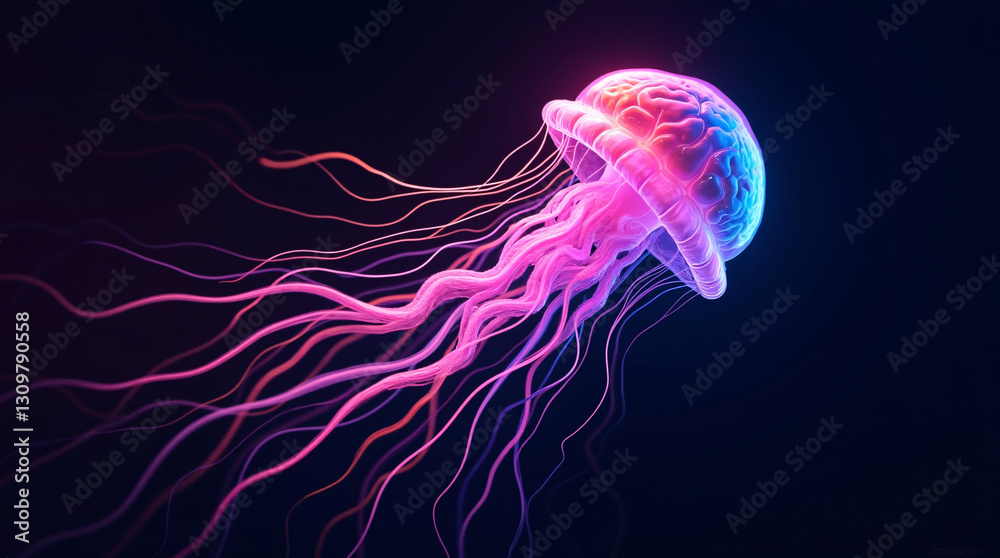 Fototapeta premium Glowing neon jellyfish with pink and purple hues, floating gracefully in a dark, mystical underwater scene.