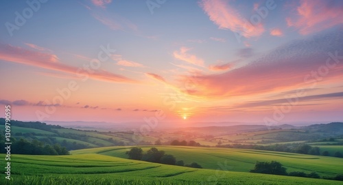 Wallpaper Mural Breathtaking Panoramic Landscape at Sunset with Lush Green Fields and Rolling Hills Under a Colorful Sky Torontodigital.ca