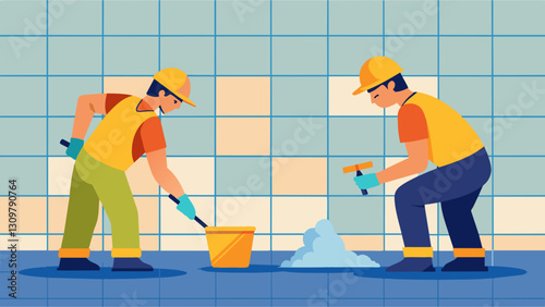 With intricate precision workers use grout to fill in any gaps between the tiles creating a seamless and polished finish.. Vector illustration