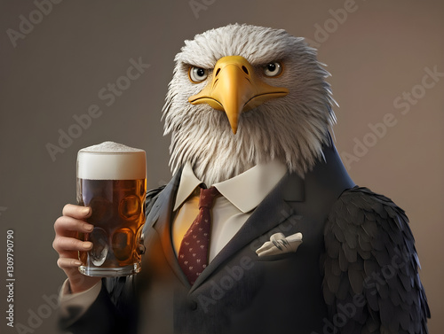 Stern Bald Eagle Businessman in Suit Drinks Beer - Conceptual Humor of Unexpected Leisure, Quirky Unwinding, Authority Relaxing with a Pint