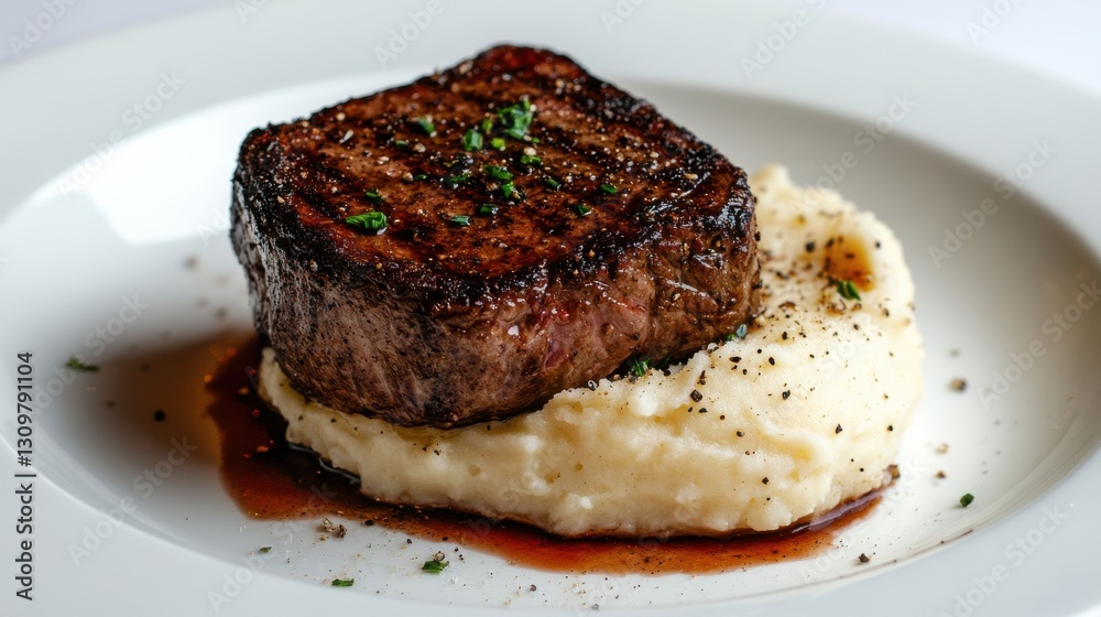 A plate of meat and mashed potatoes with a sauce on top