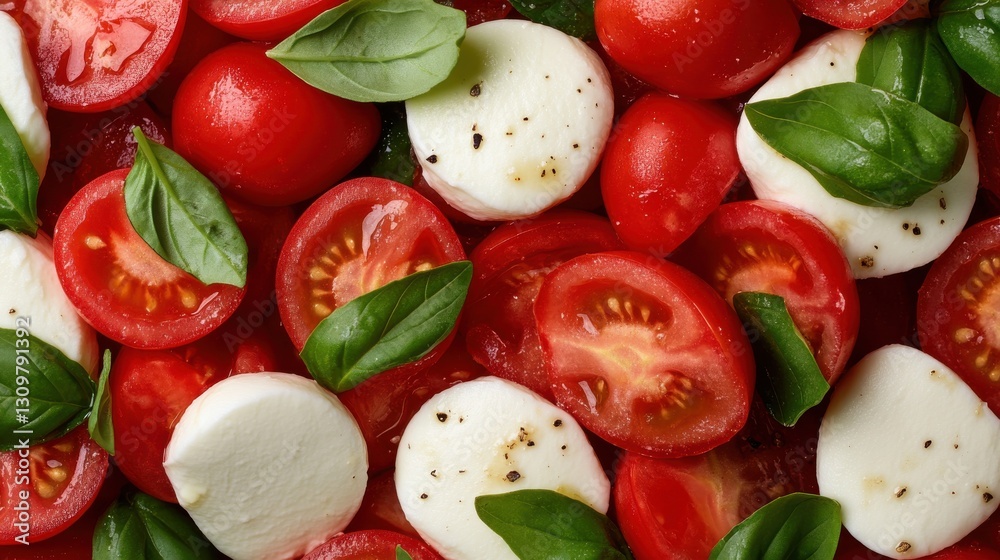 A close up of a salad with tomatoes, basil, and cheese A close up of a salad with tomatoes, basil, and cheese