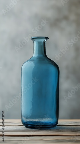 Vintage Blue Glass Bottle With Cork Stopper on Wooden Table Against Cloudy Ba...