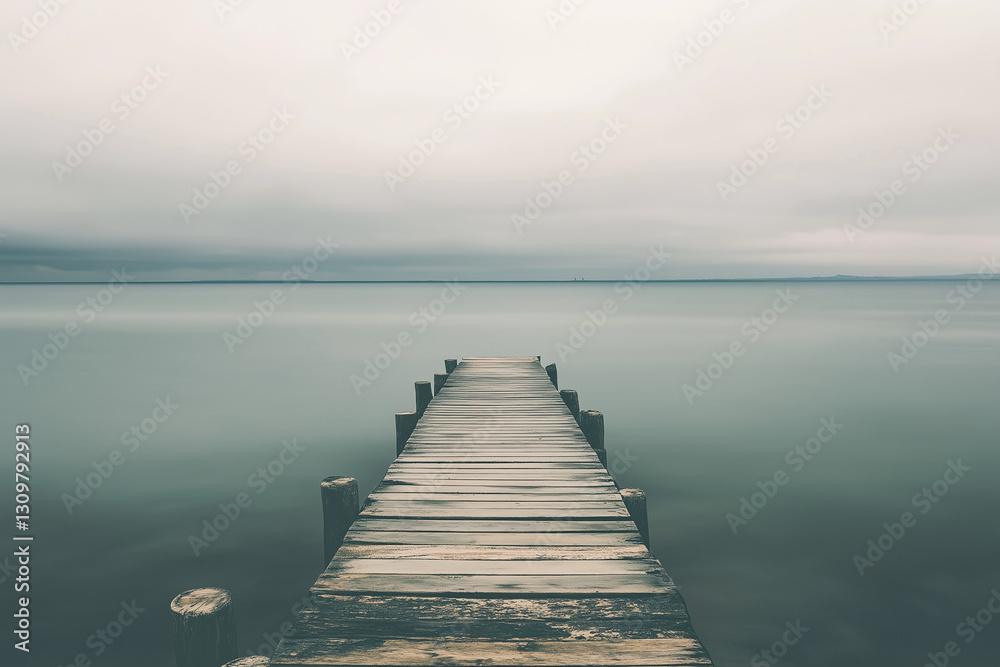 Obraz premium Selective focus wooden pier into the sea with foggy view, Dock for fisherman and small boat.