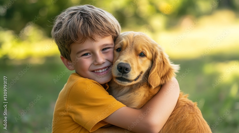 Smiling 5-year-old boy hugging a golden retriever puppy, green park background blurred