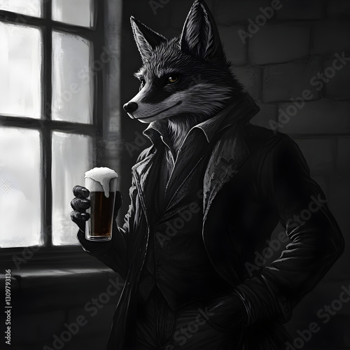 Elegant Noir Fox Gentleman Drinks Beer Concept: Urban Sophistication, Contemplation, Mature Lifestyle. Anthropomorphic Black & White Pub Scene
