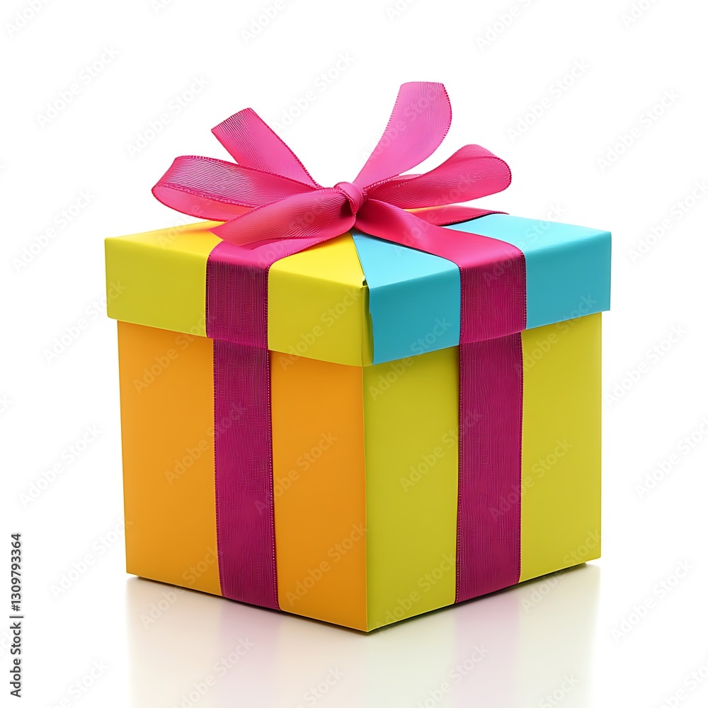 Obraz premium Wrapped present with ribbon, isolated, reflecting. Gift box idea, colorful, for birthdays, holidays