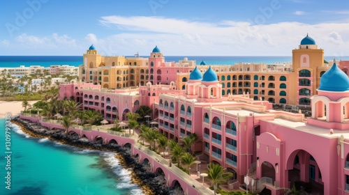 Wallpaper Mural Vibrant coastal resort with colorful houses and hotels surrounded by lush greenery and clear waters Torontodigital.ca