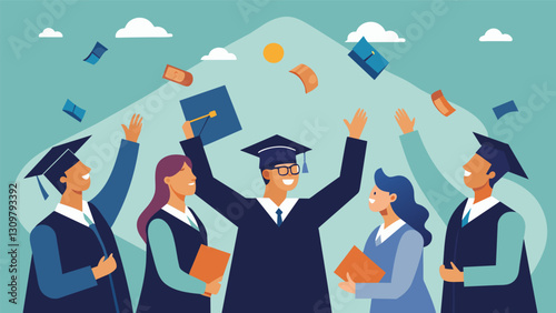 An illustration of a graduation ceremony where instead of tossing their caps students are tossing dollar bills representing the financial burden they. Vector illustration