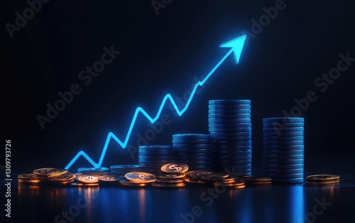 Growing money financial concept represented with stacks of coins and a trend