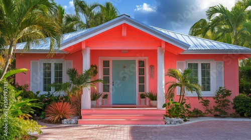 Bright Pink Villa With Tropical Landscaping Near Swimming Pool on Sunny Day