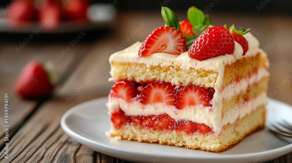 Strawberry Cake Slice Delight: A delectable slice of layered strawberry cake, boasting ripe red strawberries and creamy frosting, served on a pristine plate, perfect for dessert. Strawberry Cake Slice Delight: A delectable slice of layered strawberry cake, boasting ripe red strawberries and creamy frosting, served on a pristine plate, perfect for dessert.
