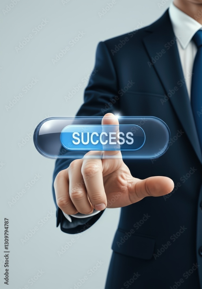 Businessman pressing a button labeled Success to symbolize achievement Businessman pressing a button labeled Success to symbolize achievement