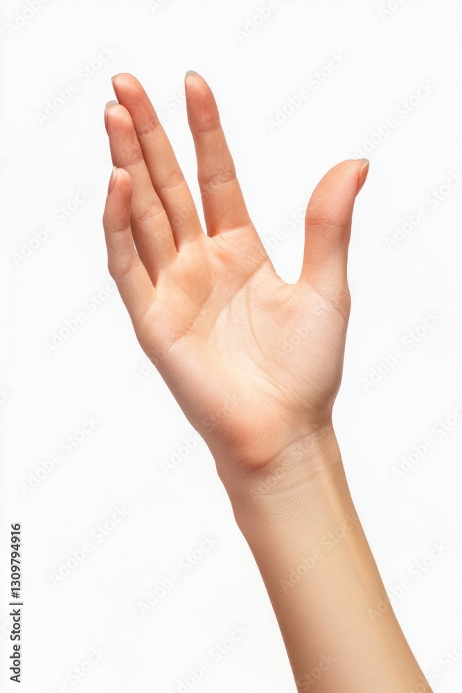 A hand is raised in the air, with the fingers spread out A hand is raised in the air, with the fingers spread out