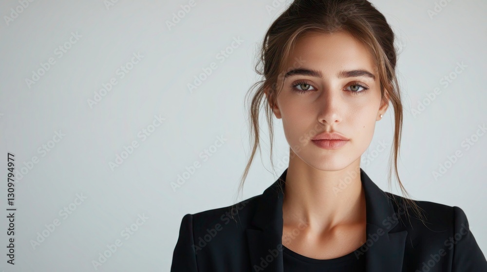 Confident young woman in elegant black blazer posing on white backdrop Confident young woman in elegant black blazer posing on white backdrop