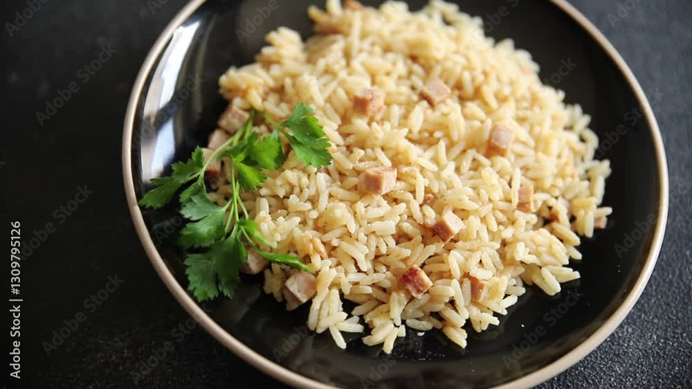 Rice with ham meat main course delicious fresh delicious gourmet food background on the table rustic food top view copy space Rice with ham meat main course delicious fresh delicious gourmet food background on the table rustic food top view copy space