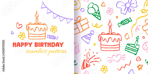 Happy Birthday Crayon seamless pattern with doodle icons, greeting elements on white background. Hand drawn cartoon celebration pattern with cake, gift, flower for wrapping paper. Vector Illustration