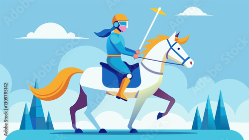 Your VR avatar transforms into a noble knight riding on a steed and competing in virtual horseback riding tournaments putting your upper body and core. Vector illustration