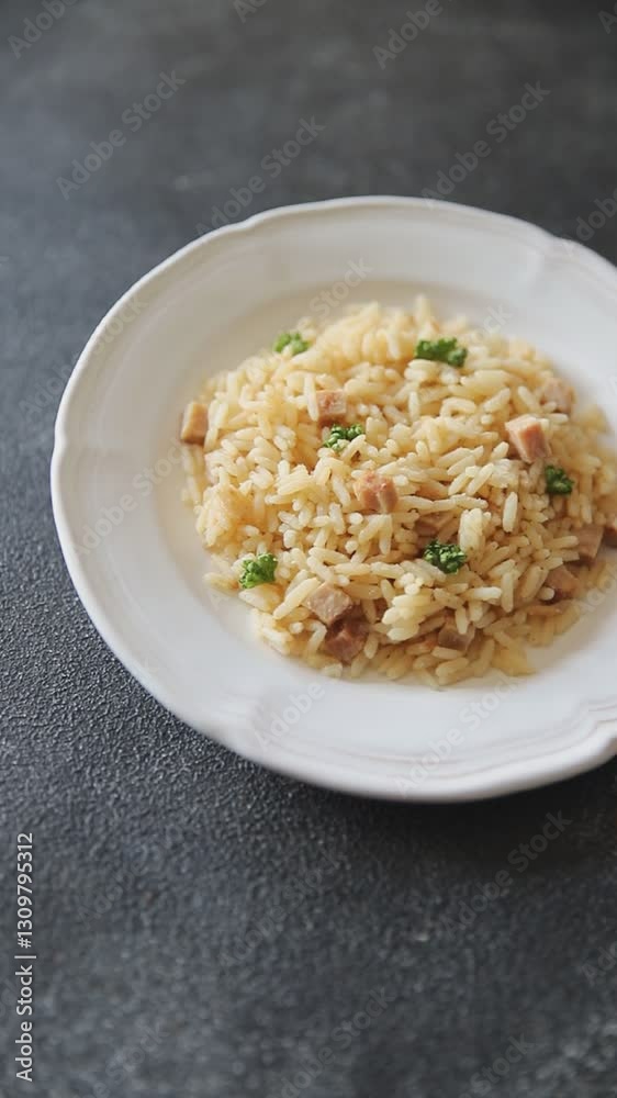 Rice with ham meat main course delicious fresh delicious gourmet food background on the table rustic food top view copy space Rice with ham meat main course delicious fresh delicious gourmet food background on the table rustic food top view copy space