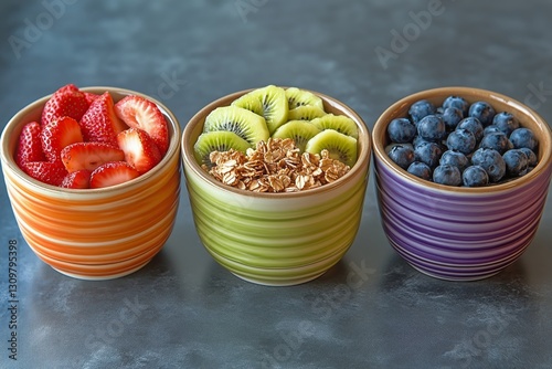 Fresh Fruit and Granola Bowls Arranged on a White Background for a Colorful H...