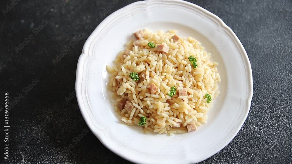 Rice with ham meat main course delicious fresh delicious gourmet food background on the table rustic food top view copy space Rice with ham meat main course delicious fresh delicious gourmet food background on the table rustic food top view copy space