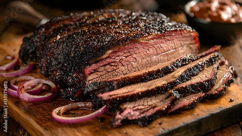 Texas-style smoked brisket on wooden board.