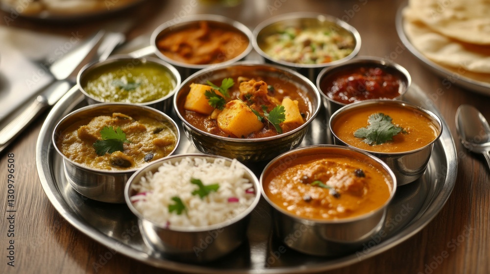 A colorful thali presents an array of Indian delicacies featuring curries, lentils, and rice, garnished with fresh herbs. It invites a feast for all senses A colorful thali presents an array of Indian delicacies featuring curries, lentils, and rice, garnished with fresh herbs. It invites a feast for all senses