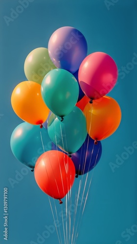 Colorful Balloons Floating Against a Bright Blue Sky During a Festive Outdoor...