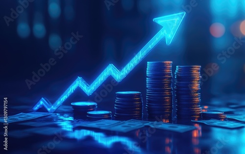 A glowing upward trending arrow with stacks of money