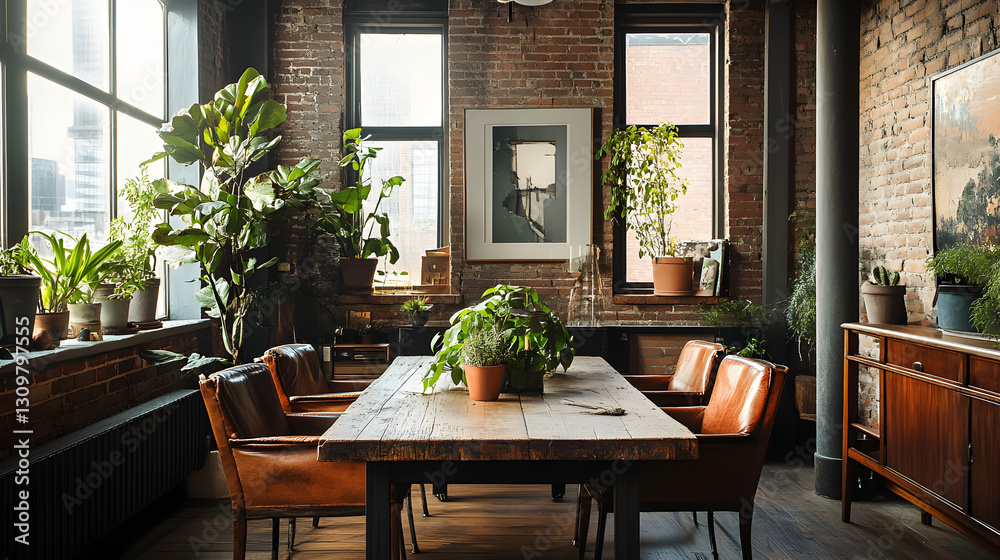 Fototapeta premium dining room with a weathered wooden table, vintage leather chairs, exposed brick walls, and a collection of potted plants on the windowsill 