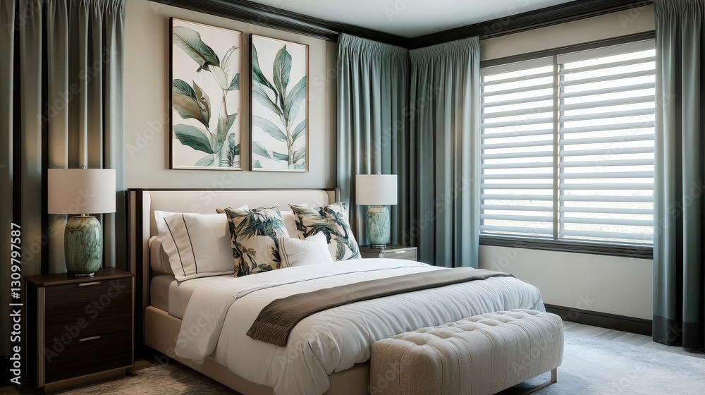 Fototapeta premium A fashionable bedroom complete with stunning drapery.
