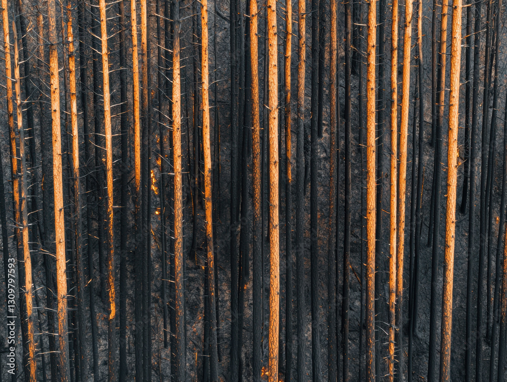 Fototapeta premium dense forest with half burned trees contrasts sharply with untouched areas