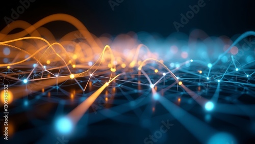 Abstract interconnected network: Orange and blue glowing nodes represent data flow and digital communication.