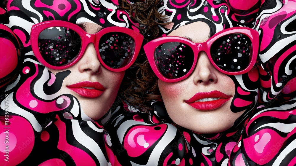 Fototapeta premium Two Women in Pink Sunglasses Surreal Abstract Pink Black Swirling Pattern