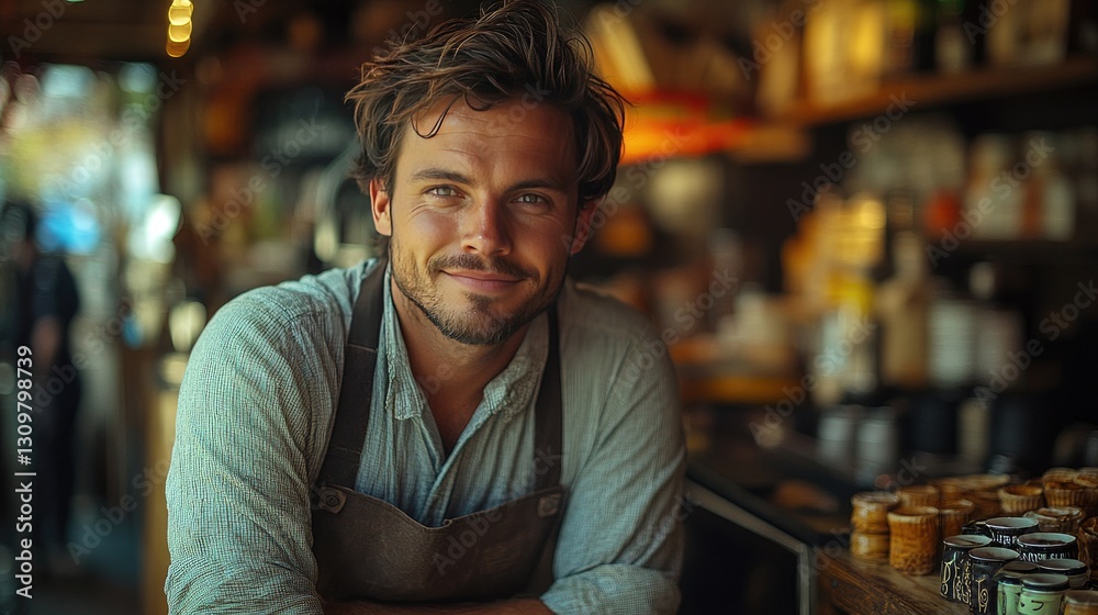 A smiling barista with a hat stands confidently at the counter of a coffee shop, wearing a gray t-shirt and a black apron. A smiling barista with a hat stands confidently at the counter of a coffee shop, wearing a gray t-shirt and a black apron.