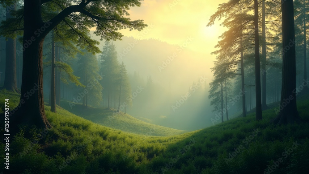 Obraz premium Sunlight streams through the misty forest, illuminating the serene, grassy hillside with a tranquil glow.