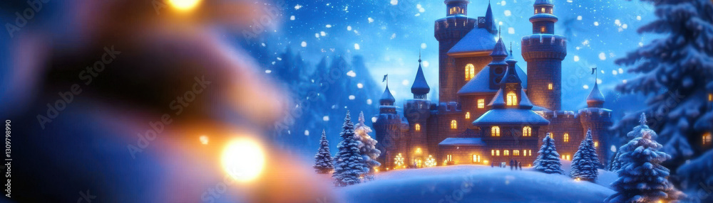 Fototapeta premium majestic castle covered in snow, glowing warmly in winter wonderland