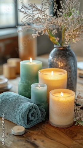 Relaxing Spa Setting With Candles and Flowers in a Serene Environment