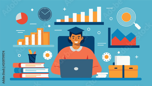 An individual sitting at a desk surrounded by charts and graphs showing the positive effect a college education can have on financial stability and. Vector illustration