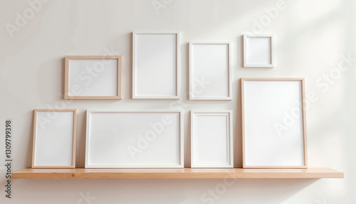 Minimalist collage frame arrangement on wooden shelf, modern decor, wall-mounted collage frame mockup