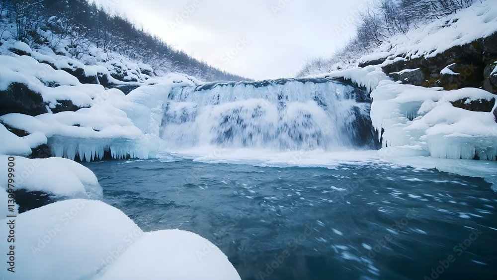 A frozen waterfall surrounded by snow-covered rocks and icy formations, creating a serene winter landscape. Concept Frozen Waterfall, Snow-Covered Rocks, Icy Formations, Serene Winter Landscape A frozen waterfall surrounded by snow-covered rocks and icy formations, creating a serene winter landscape. Concept Frozen Waterfall, Snow-Covered Rocks, Icy Formations, Serene Winter Landscape