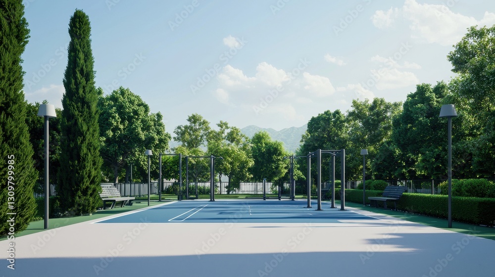 Modern Outdoor Fitness Area with Equipment and Lush Greenery Modern Outdoor Fitness Area with Equipment and Lush Greenery