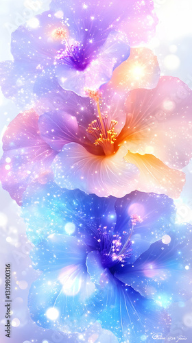 Pastel hibiscus flowers with sparkling bokeh effect