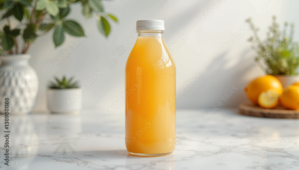 Juice bottle mockup on smooth countertop, bright beverage mockup