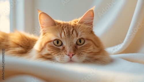 Captivating gaze of an orange cat in a cozy indoor setting. photo