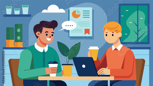 The financial advisor and student meet in a cozy coffee shop sipping drinks as they review loan repayment options and discuss the importance of. Vector illustration