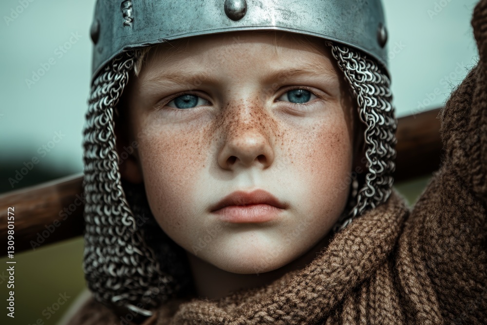 Young warrior in medieval armor showing determination during a reenactment in a natural landscape at dusk