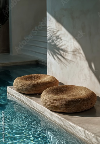 Sunlit Woven Pillows by the Tranquil Poolside on a Clear Day